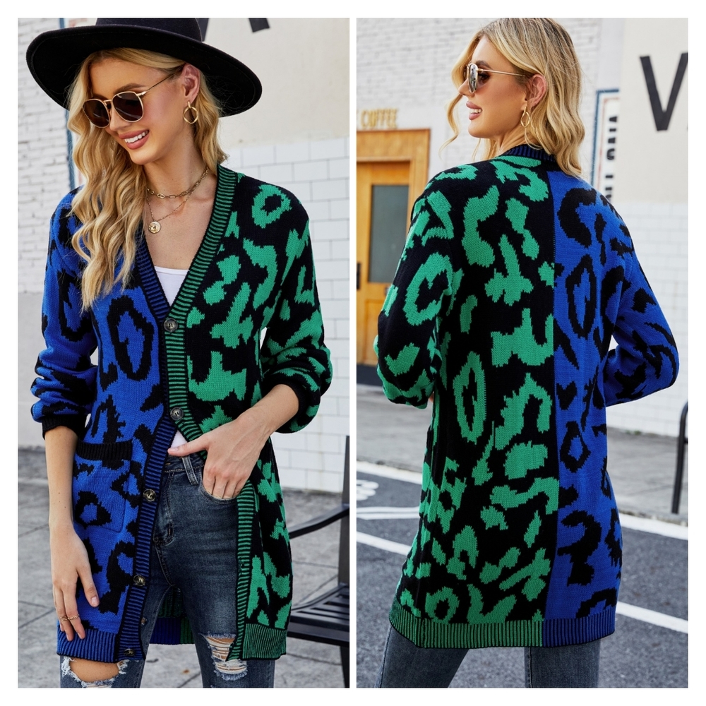 Blue Leopard Button Down Cardigan